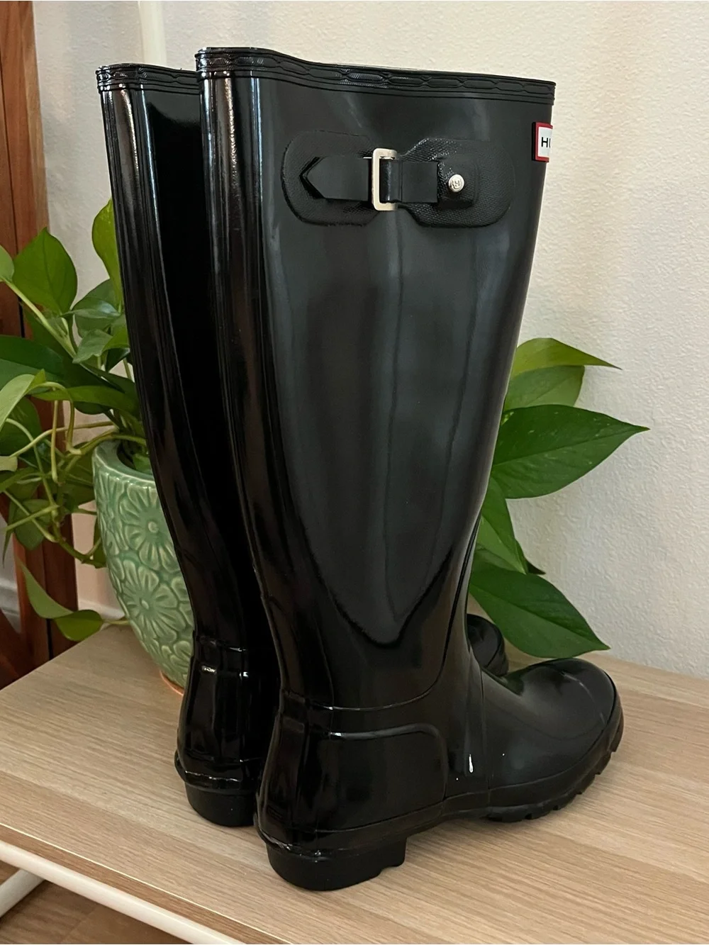 Hunter Women's Gloss Black Tall Rain Boots with Side Buckle and Matching Socks